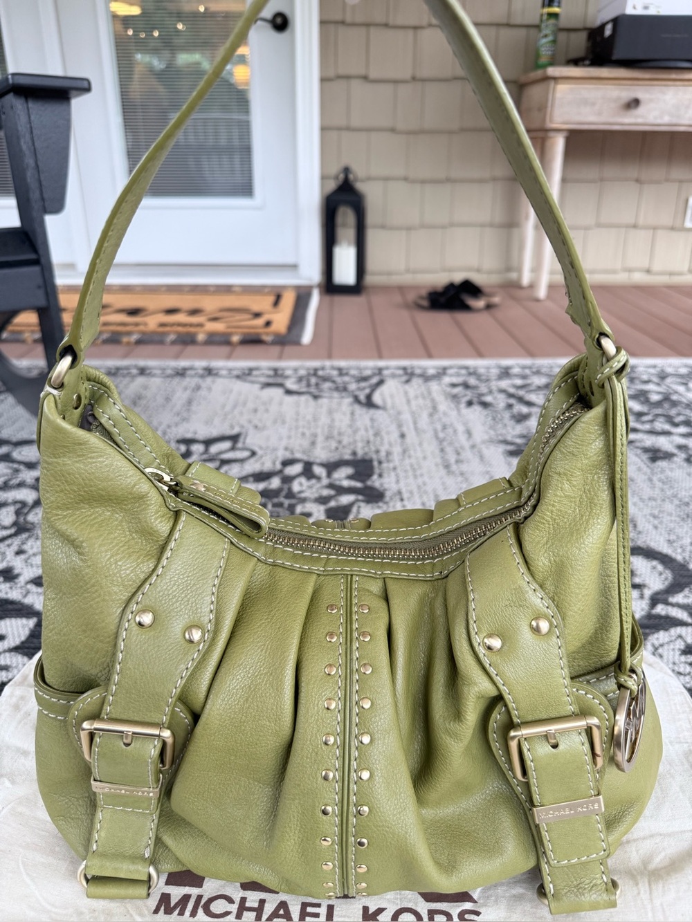 Michael Kors Olive Green Leather Studded Hobo Shoulder Bag
